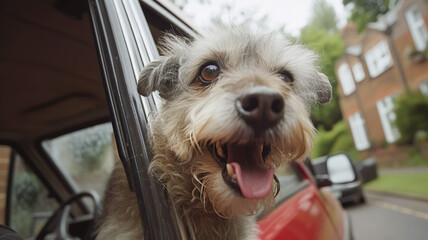 Dog with its head out of a car window.. Concept of travel and joy for pets.