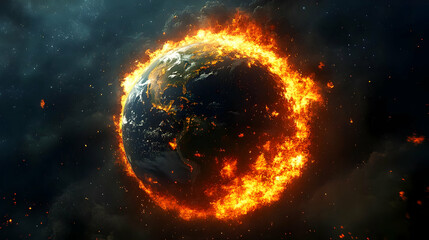 Earth engulfed in flames against a starry sky.