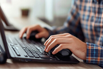 Male call center employee in headset using laptop and working with virtual reality user interface with data analysis charts and key performance indicators