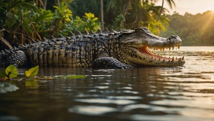 Fototapeta premium A majestic crocodile basking in the golden sunset