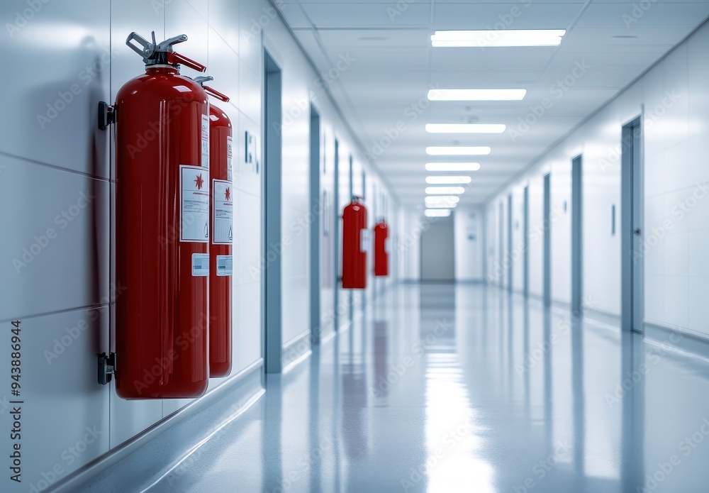 Poster Fire Extinguishers in a Modern Office Hallway