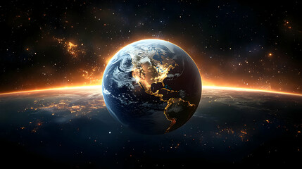Fototapeta premium Earth from space with a golden sunrise and a view of North America.