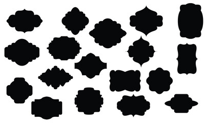 Set of vector black silhouette frames for badges in ornate classical curved and rounded symmetrical designs and shapes.