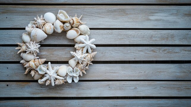 A round shell wreath, diy, background chabby chic wooden slats, 16:9