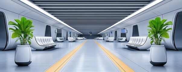 Futuristic airport terminal with advanced technology, sleek architecture, and minimalistic design, Airport, Future of Travel