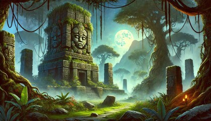 Fototapeta premium Mystical Tribal Ruins: Enigmatic Watercolor Scene for Game Backgrounds