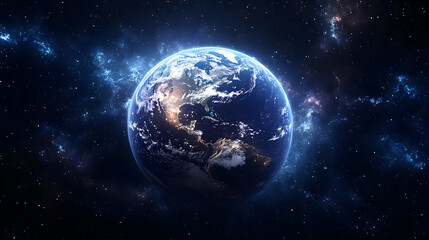 Earth from space with glowing blue nebula.
