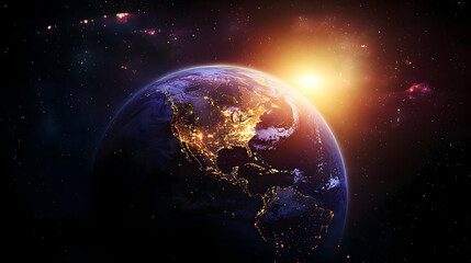 Naklejka premium Earth from space with North America illuminated by city lights and the sun shining in the background.