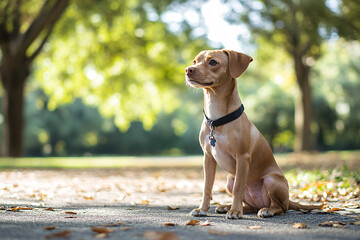 A small brown dog is sitting on the ground in a park