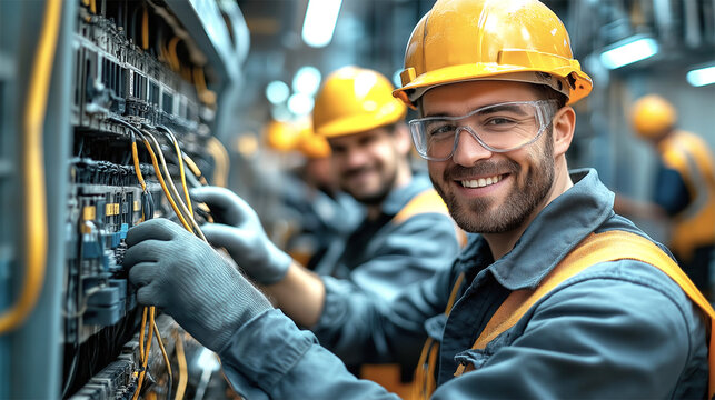 Smiling electricians installing wiring in modern building, teamwork and safety focus
