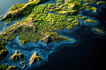 Naklejka premium Technical aerial visual, 3D LiDAR GIS aerial map satellite scan model isolated, showing Saanich, Canada. Elevation, topography, render
