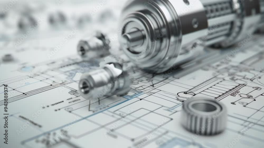 Poster close-up of mechanical parts placed on technical blueprints, highlighting precision engineering and 