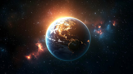 Fototapeta premium Earth glows with city lights against a starry backdrop.