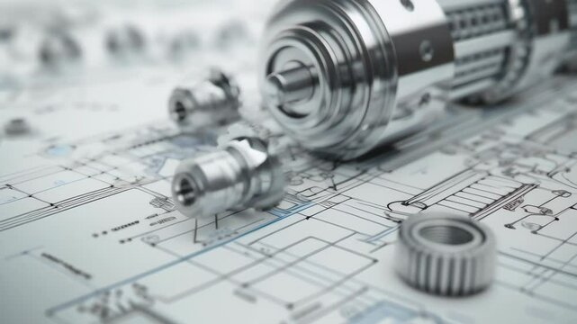 Close-up of mechanical parts placed on technical blueprints, highlighting precision engineering and design. Concept of mechanical engineering, innovation, and industrial design 