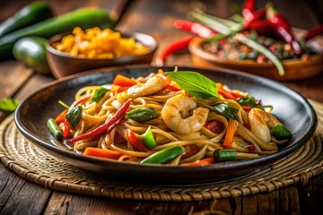 Intimate, low-key Pad Kee Mao moment with warm, ambient lighting, shallow DOF, and a shallow composition, focusing on the textures and aromas of the dish.