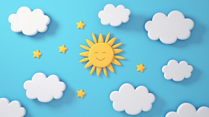 paper cut out style illustration of a happy yellow sun with clouds, cut-out animation cartoon book illustration, blue background for kids content social media