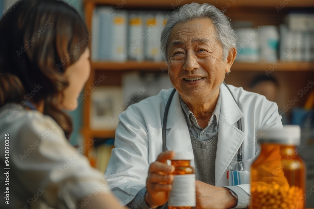 Poster A man in a white lab coat is talking to a woman