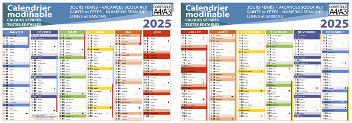 Calendrier 2025 avec fêtes, saints, vacances scolaires, lunes, numéro de semaine - Textes vectorisés et non vectorisés sur calques séparés