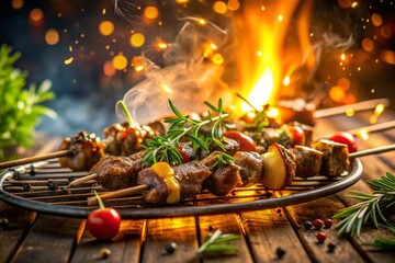 Warm Rustic Evening Grilllit Skewers Golden Brown Sizzling Meat Smoke Wafting Closeup Fresh Herbs Vibrant Colors Twinkling Lights Lazy Summer