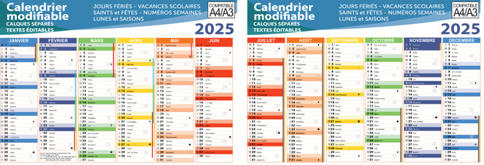 Calendrier 2025 avec fêtes, saints, vacances scolaires, lunes, numéro de semaine - Textes vectorisés et non vectorisés sur calques séparés
