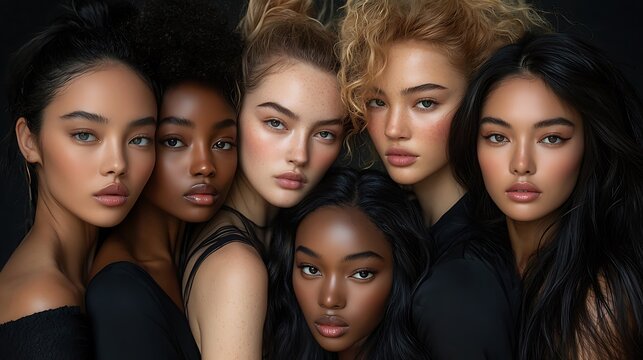 A diverse group of beautiful women with natural beauty and glowing smooth skin. Portrait of many attractive female fashion models with great skincare of all races, tones and style