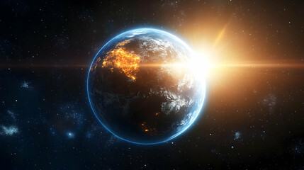 Earth in space with sunrise and stars.