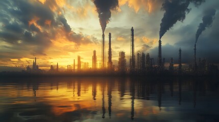 Dramatic industrial landscape at sunset with smokestacks reflecting on water, showcasing environmental impact and urban aesthetics.
