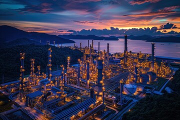 A city skyline with a large industrial area with many tall buildings