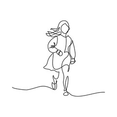 Running girl in continuous line art drawing style. Front view of running female child in a dress. Black linear sketch isolated on white background. Vector illustration