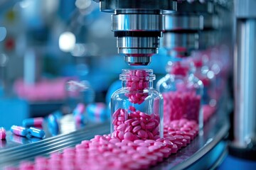 A conveyor belt is filled with pink pills