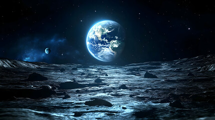 Earth seen from the surface of the moon, a starry sky, and a small moon in the distance.