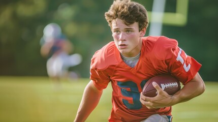 An American teenager playing football on a high school team, running on the field with determination