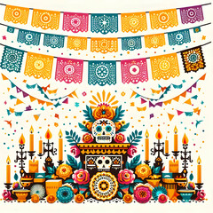 Papel Picado and Ofrenda Vector concept as A vector design featuring papel picado banners and an ofrenda isolated on a white background. The illustration represents the festive and cultural elements o