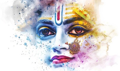 This striking digital artwork captures Lord Krishna's essence in a watercolor style, highlighting his enchanting features and divine presence amidst an ethereal backdrop of soft colors