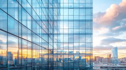 Panoramic skyline and buildings with many glass windows