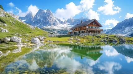 Fototapeta premium View of a house in the highlands with beautiful lake water behind the mountains background wallpaper AI generated image