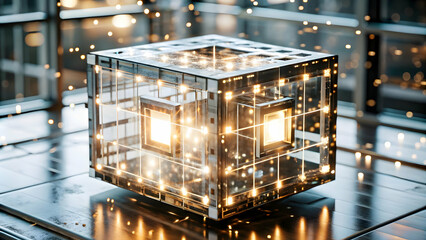 Flat Floating data cube with light effects on an isolated white background concept as A glowing data cube floating mid air with light effects illuminating its edges all isolated on a white background.
