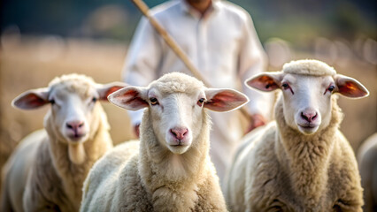 Obraz premium close up three small sheep with a shepherd behind, AI generated