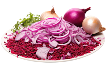 Fresh chopped red onion, minced garlic and spices isolated on white background.