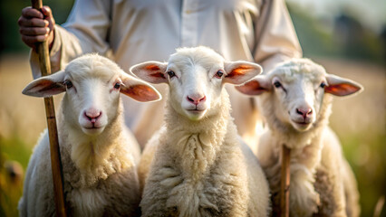 Fototapeta premium close up three small sheep with a shepherd behind, AI generated