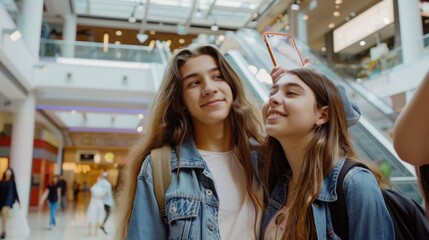Teenagers hanging out at a mall, shopping, trying on clothes, and taking selfies together