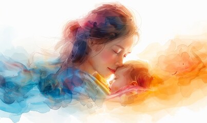 A soft, watercolor illustration embodies the spirit of World Breastfeeding Week, showcasing a mother gently cradling her baby, radiating love and connection in a peaceful atmosphere