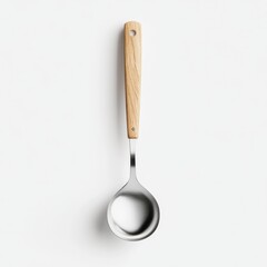 A 3D simple style icon of a metal ladle with a wooden handle set against a clean white background representing kitchen tools and soup preparation.