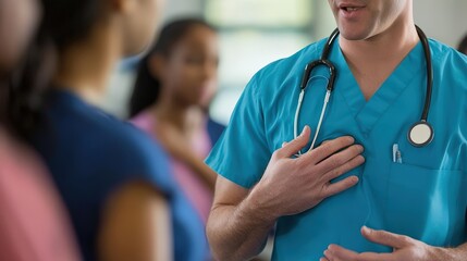 A healthcare professional speaking with patients in a clinical setting, emphasizing empathy and communication in patient care.