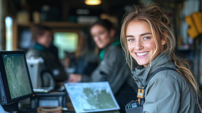 Smiling park rangers monitoring wildlife in national park, conservation and teamwork
