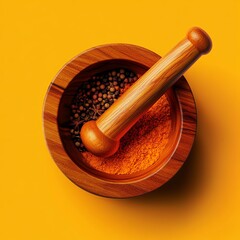 A wooden mortar and pestle with colorful spices, perfect for culinary use, set against a vibrant yellow background.
