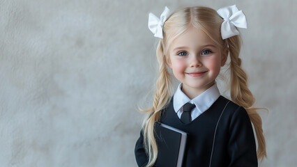 a blonde first grader in dark blue or black uniform with tie and in white shirt with white bows on her hair tails, smiling and joyful