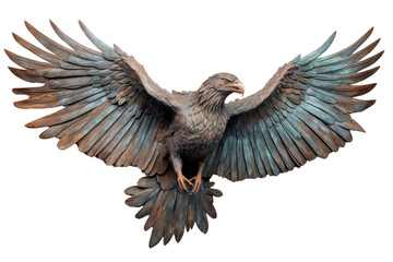 weathered relief wood carving depicting a mythical bird isolated on white background