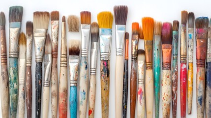Fototapeta premium A collection of old paintbrushes on a white background, viewed from above. A creative and artistic concept featuring numerous colorful artist's brushes