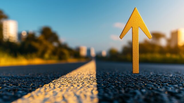 Long, straight road with a prominent arrow pointing forward, leading towards the distant horizon, representing determination and goal setting